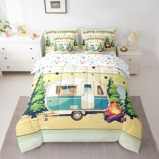 jejeloiu Camper Comforter Set Twin Size 7 Pieces RV Camping Bedding Set Happy Camping Bed in a Bag with Comforter, Sheets, Pillowcases, Cushion Covers Bedroom Decor