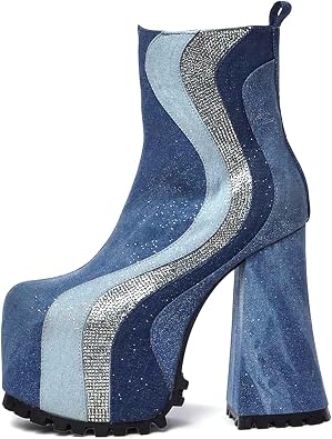 14cm Large Size Denim Colorblock Chunky Heel High Heels Waterproof Platform Ladies Ankle Boots