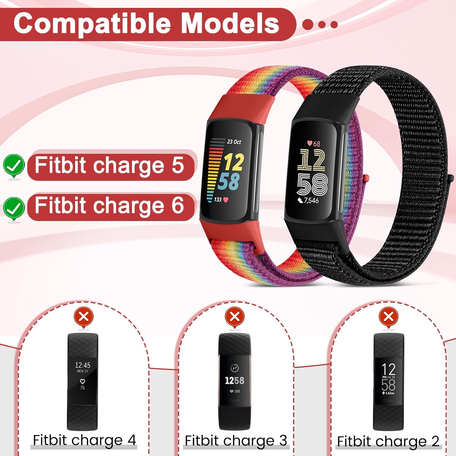 10 Pack Sport Loops Band Compatible with Fitbit Charge 6/ Charge 5 Bands Nylon for Women Men, Replacement Charge 6 Charge 5 Straps, Breathable Fabric Sport Wristband