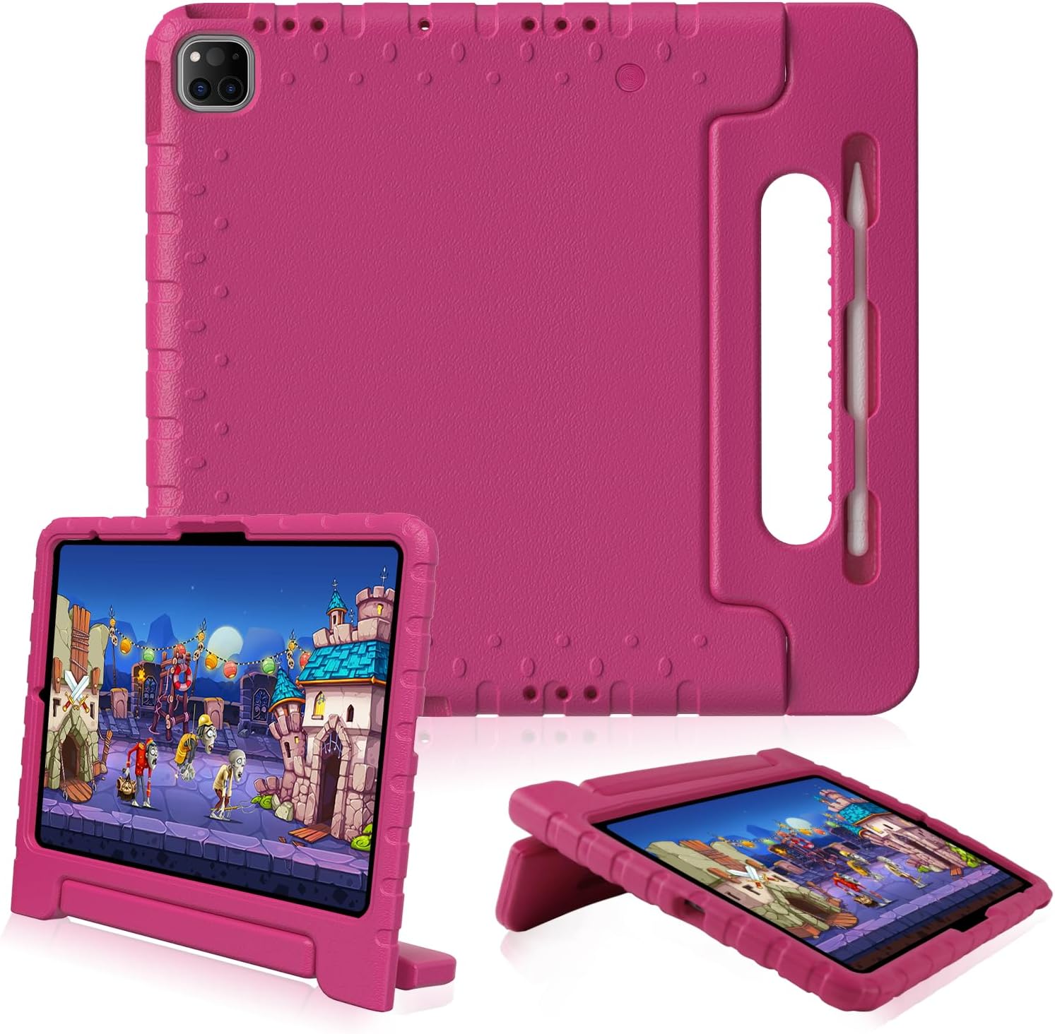 for iPad Pro 13 inch Case 2024 with Pencil Holder and Anti-Slip Hand Stand, Super Protection Rugged EVA Shockproof Kids Cover Compatible with iPad Pro 13-inch (M4)-Rose Red