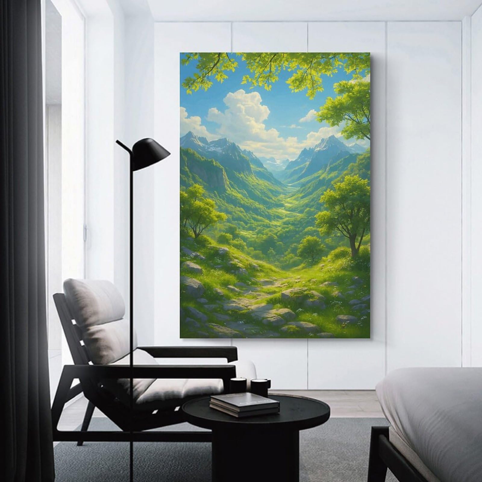 Junmoney Lush Green Mountain Valley Landscape Canvas Art Print, 24x36inch(60x90cm), for Bedroom Decor, Cosy Corners Or Studios, A Warm Accent for Relaxed Interiors