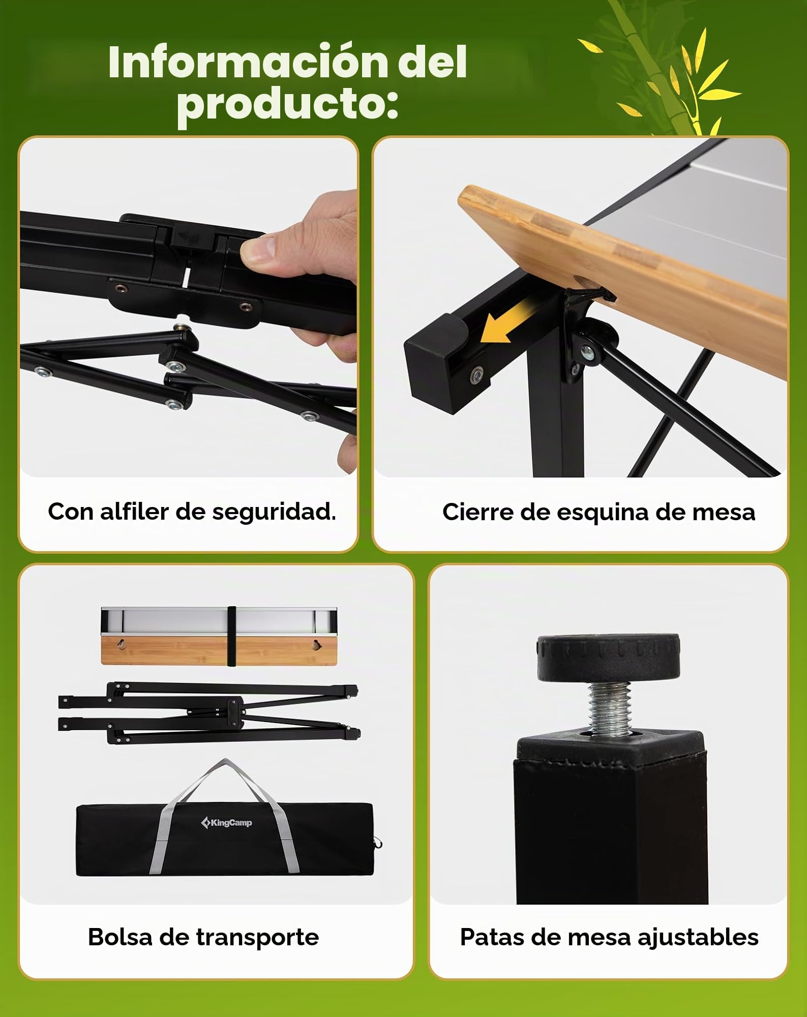 KingCamp - Mesa de camping plegable con marco de aluminio - Superficie enrollable (136 x 70 cm) para 4 a 6 personas - Mesa de camping plegable con bolsa de transporte - Carga máxima: 80 kg - Plateado
