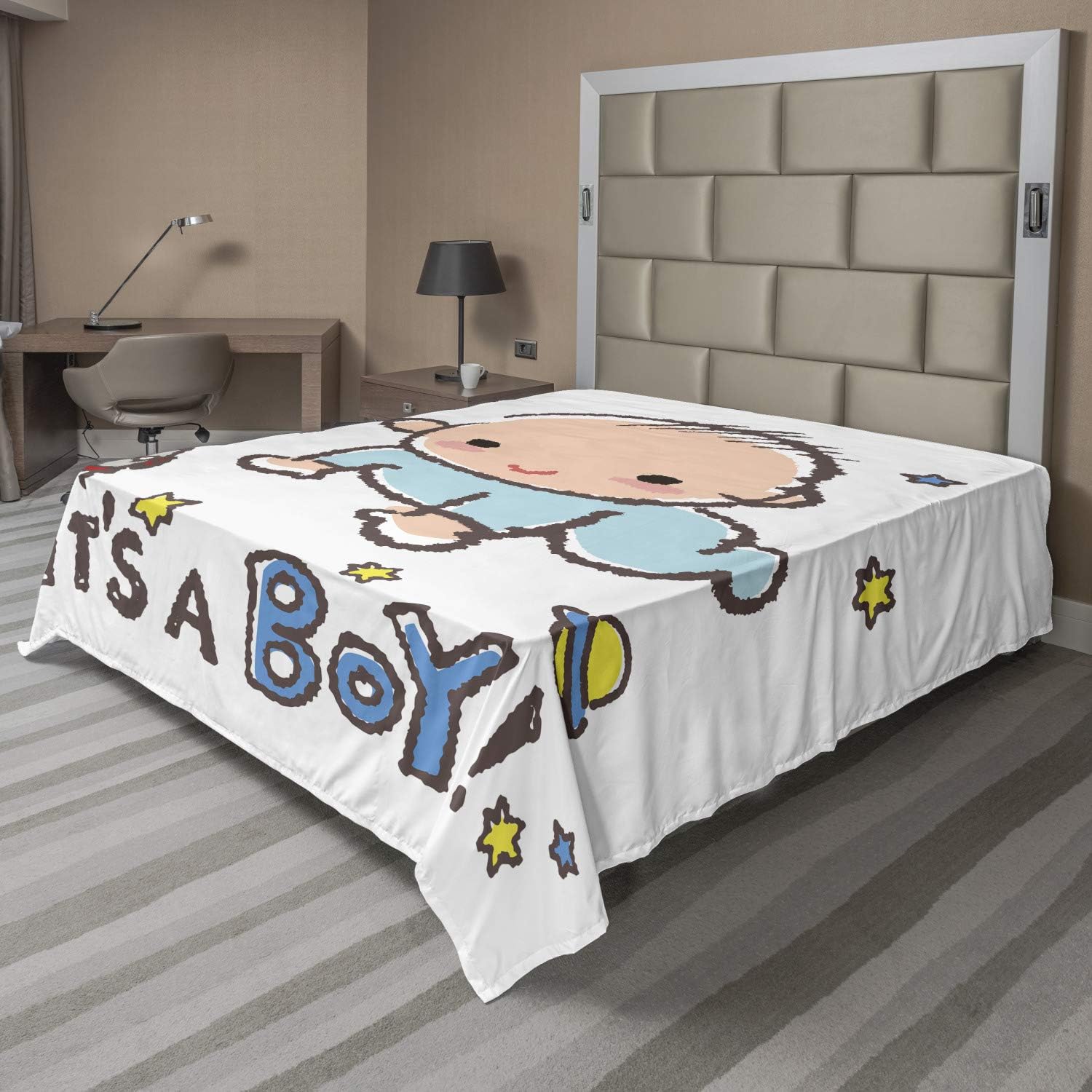 Ambesonne Cartoon Flat Sheet, Vintage Design Drawing Look Stars Rockets and Lettering on Plain Background, Soft Comfortable Top Sheet Decorative Bedding 1 Piece, Queen Size, Multicolor