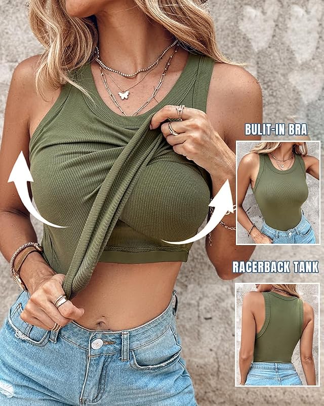 CHICME Women's Built-in Bra Sleeveless Tank Tops-Army Green-XX-Large image 4