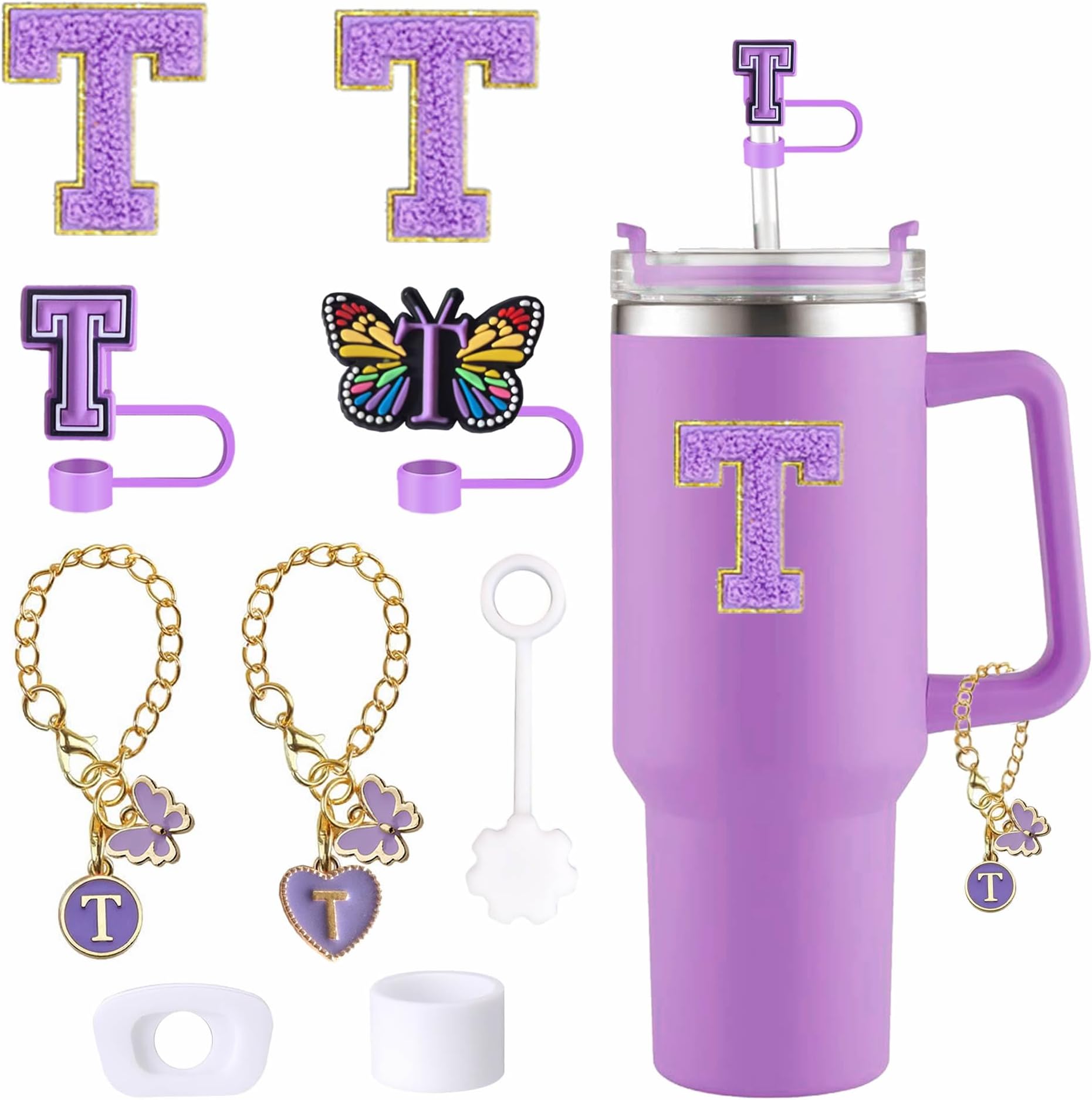 9pcs Cup Accessories Set, Butterfly Straw Cover Cap for Stanley Cup 30oz/40oz,Sticker for Stanley Decorations,Initial Letter Charm Personalized Spill-Proof Silicone Stoppers (Purple T)
