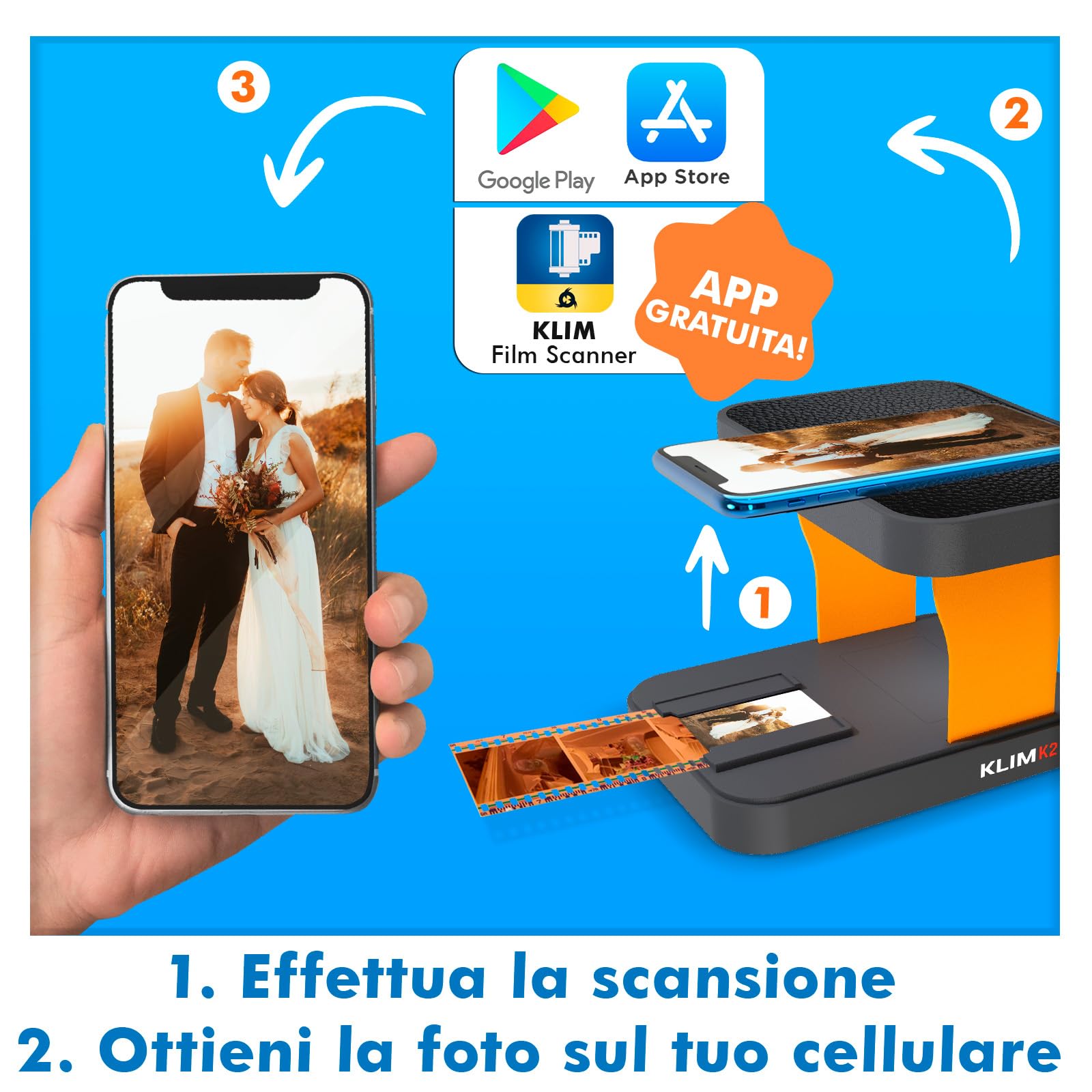 Klim K2 Mobile Film Scanner 35mm - Scanner Positivo e Negativo - Kit Sviluppo Pellicole a Colori