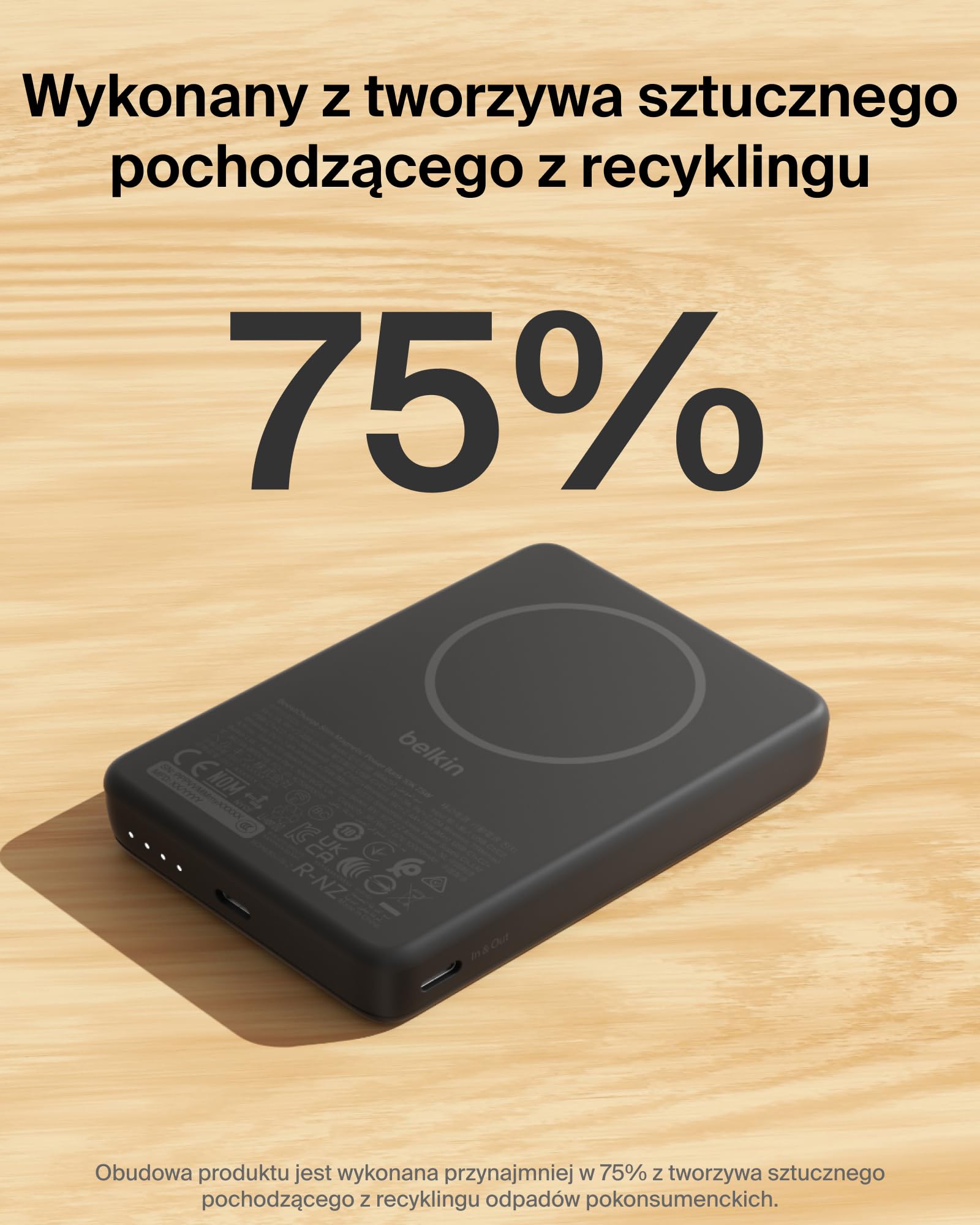 Belkin BoostCharge Magnetyczny Powerbank 10 000 mAh z Pierścieniem – Czarny | Powerbank Bezprzewodowy 10 000 mAh Qi2, Pierścień Magnetyczny do Akcesoriów, 2 Porty USB-C, Naładowany, Kabel w Zestawie