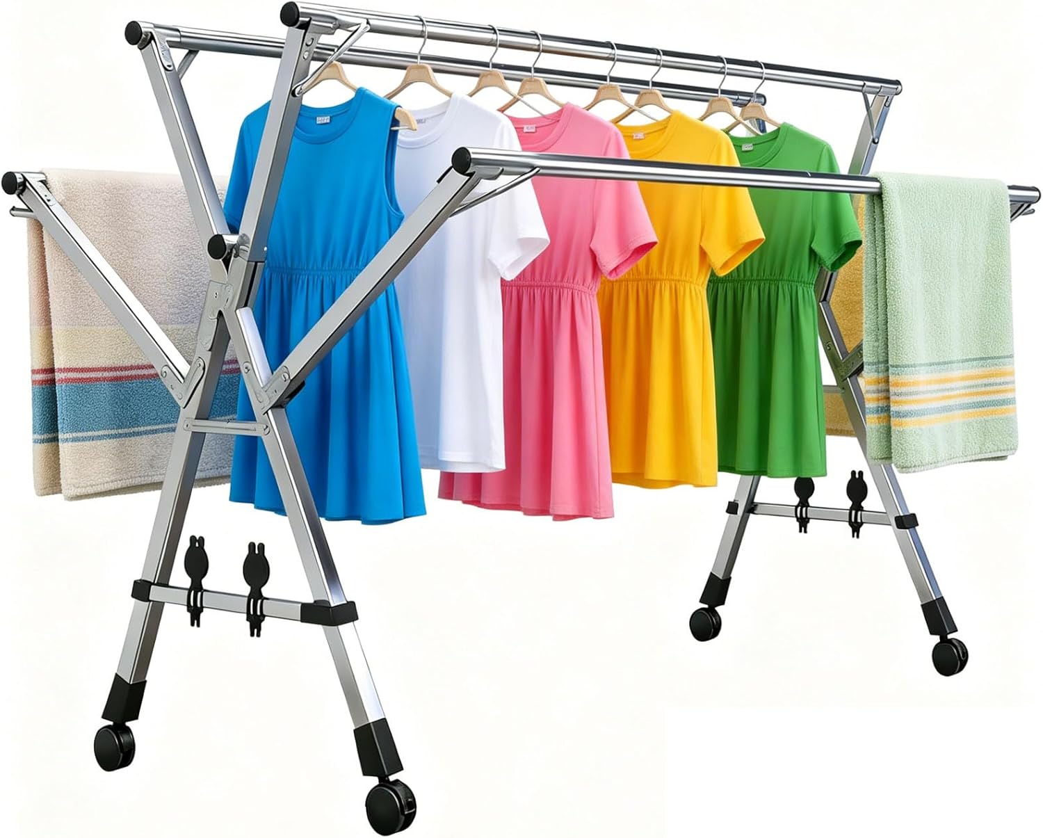 HUHJYUGE Stainless Steel Clothes Drying Rack, Retractable Garment Drying Stand with Wheels, Heavy Duty Foldable Laundry Drying Rack, 5 Poles Garment Rack with Windproof Hooks (240cm/94.5inch)