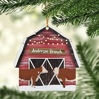 Personalized Barn Christmas Ornaments - Wood Cow Barn Ornaments for Tree - Farmhouse Ornaments, Mooey Christmas Farmer Farm Life Animal Lover Gift for Family Xmas Decorations