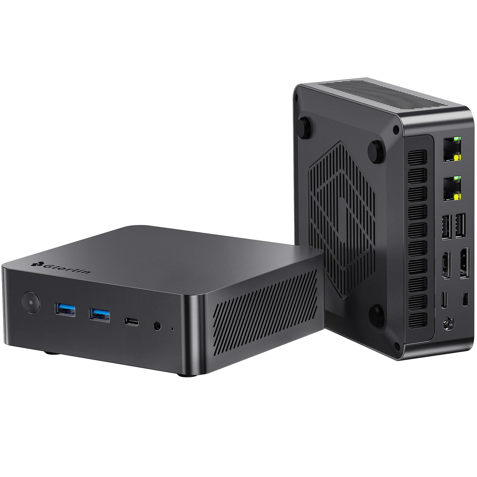 Glorlin Mini PC Ryzen 7 Pro 8845HS, 16GB DDR5, 500GB SSD, Radeon 780M | Mini computer compatto per casa e ufficio, WiFi 6, Bluetooth 5.2, doppia LAN 2,5 GbE, USB4, triplo display 4K, supporto VESA