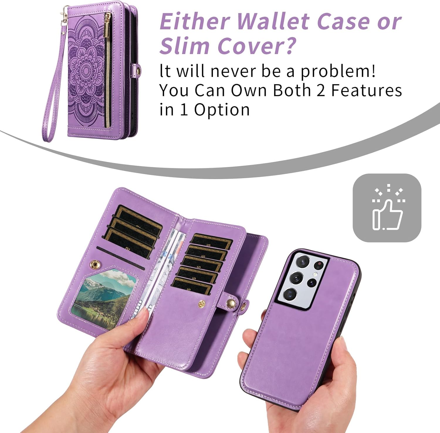 Asuwish Phone Case for Samsung Galaxy S21 Ultra 5G Zipper Wallet Detachable Cell Cover with Tempered Glass Screen Protector Crossbody Strap Flower Card Holder S21ultra 21S S 21 21ultra G5 Women Purple