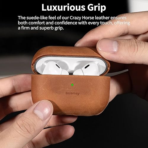 Miniatura 3 de Belemay Funda para AirPods Pro (2 generación), piel de caballo loco de alta calidad, Rich Patina, agarre seguro, compatible con MagSafe y carga