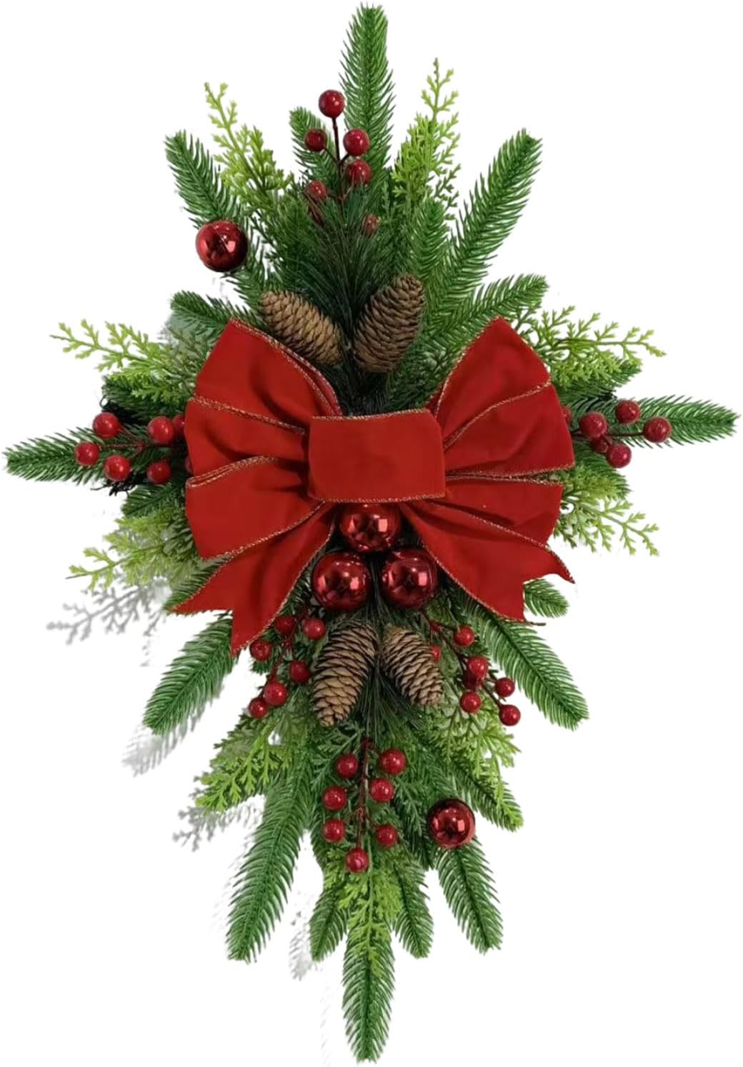 Christmas Teardrop Swag with Red Bow Berries Pinecones for Front Door Wall (1pc)
