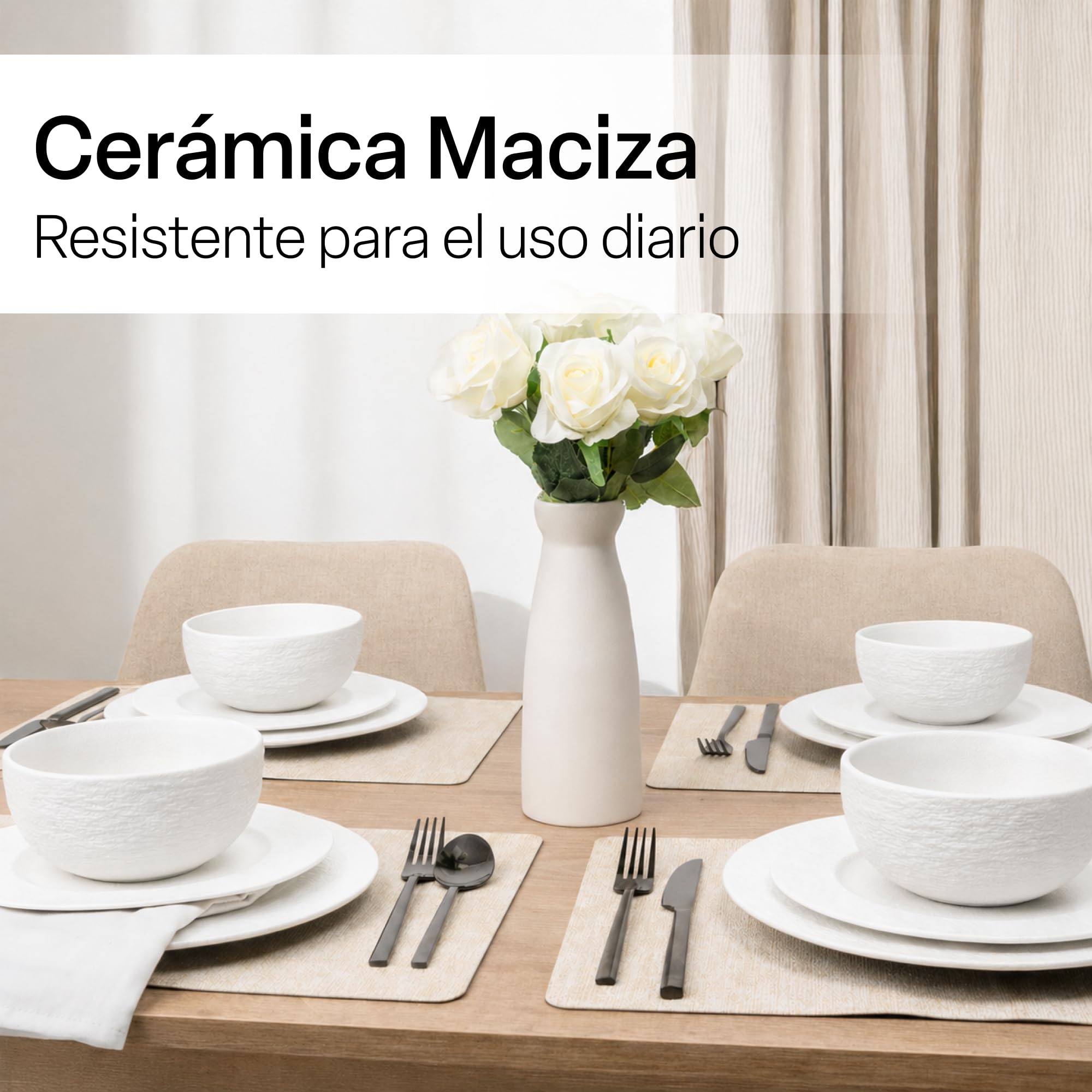 MIAMIO - Vajilla Completa 12 Piezas, Juego de Platos Cerámica, Cuencos, 4x Platos Llanos 28 cm, 4x Platos Postre 23 cm, 4x Boles 750 ml - Apto para Microondas y Lavavajillas - Colección Oasis (Blanco)