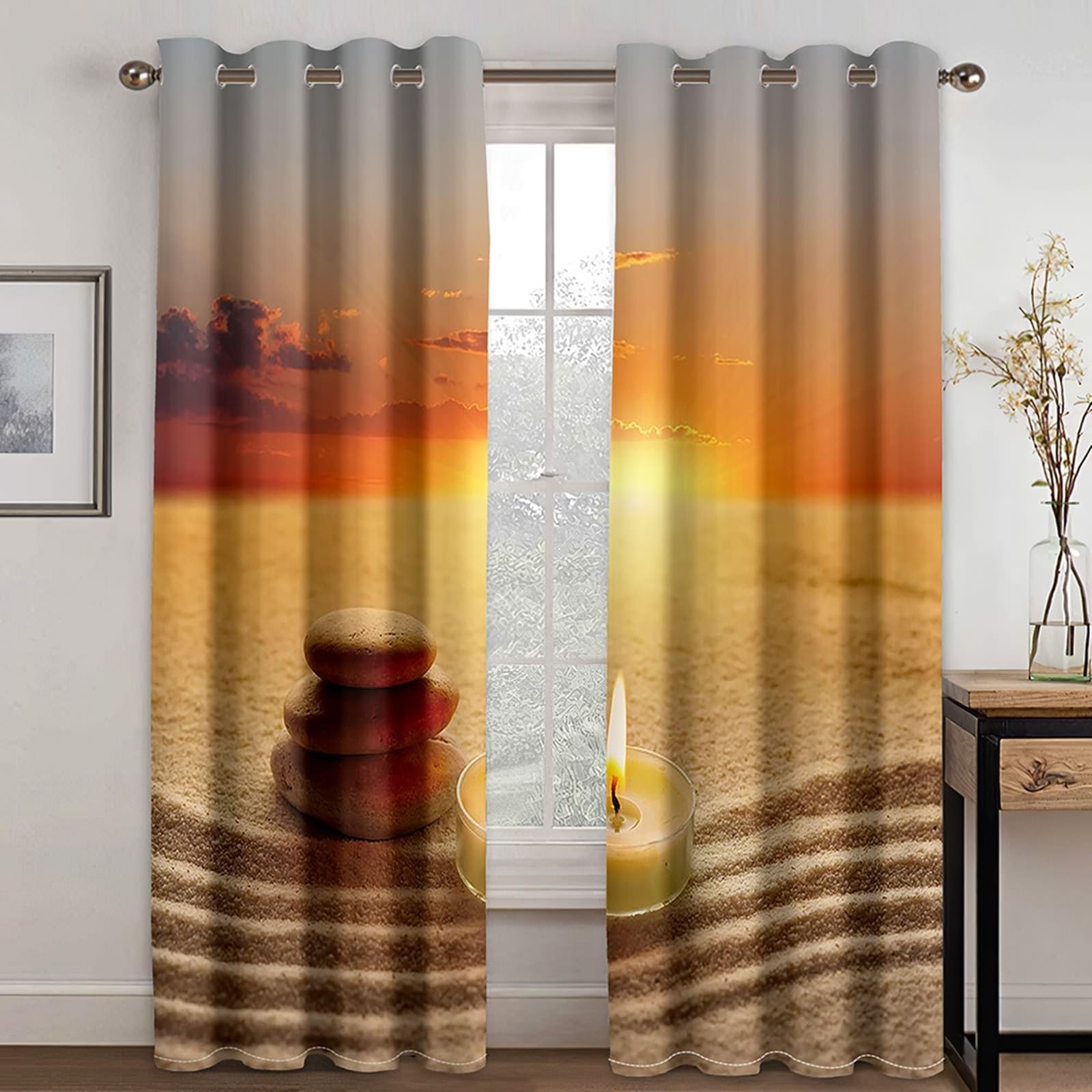 Rideau Salon Moderne, Pierre de Sable et Bougie Ensemble de 2 Panneaux de Rideaux à œillets isolés thermiquement, Beige orangé, 96x160cm