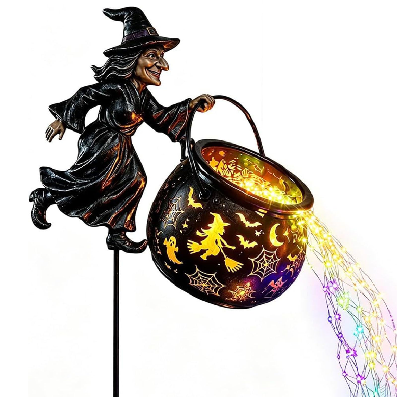 OLYGEE Halloween Witch Cauldron Garden Light, Flying Stake with Colorful Waterfall-Style LED Lighting, Outdoor Yard Decoration for Lawn, Garden, Patio, Porch and Walkway