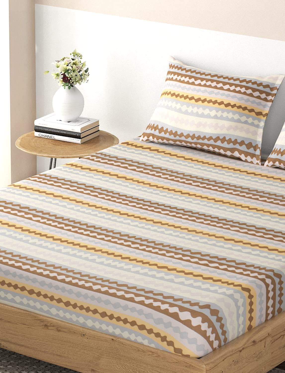 DECOMIZER Cotton Feel Glace Cotton Elastic Fitted All Around Printed Full Length Single Bed Bedsheet With 1 Pillow Cover 300 tc Fits Upto 6 Inches Mattress,Size- 42X75X8 Inches,Brown Lines
