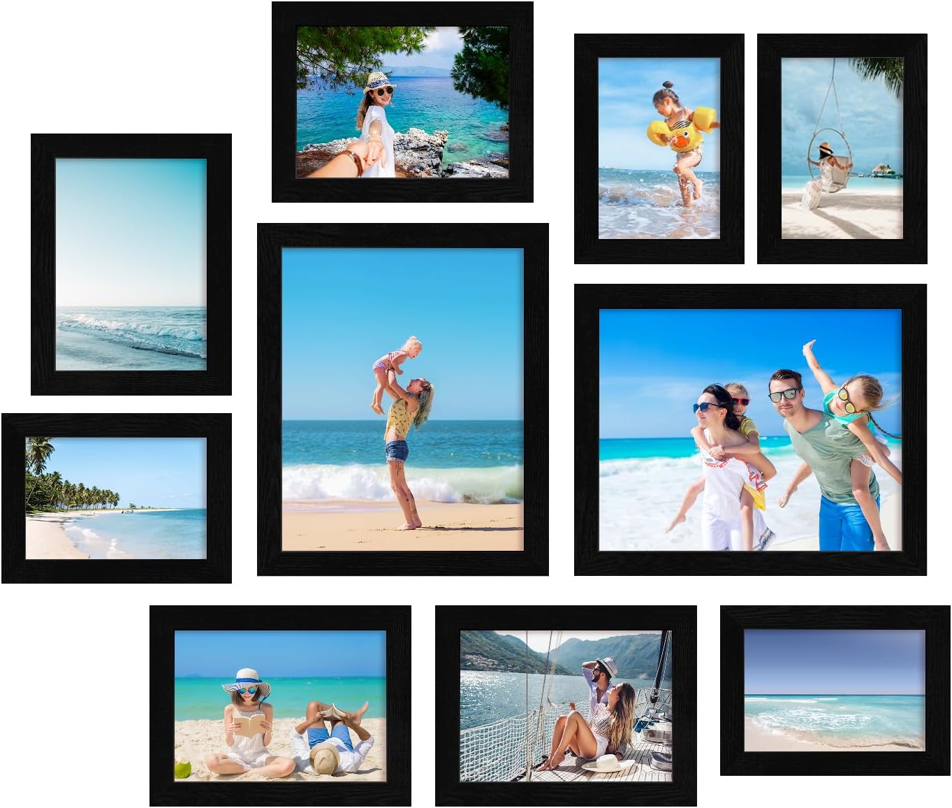 Collage Picture Frames Set of 10, Wall Decor for Mounting or Tabletop Display, Family Photo Gallery Frame Set - Multi Sizes Including Two 8x10, Four 5x7, Four 4x6, HD Glass, Rustic Wood
