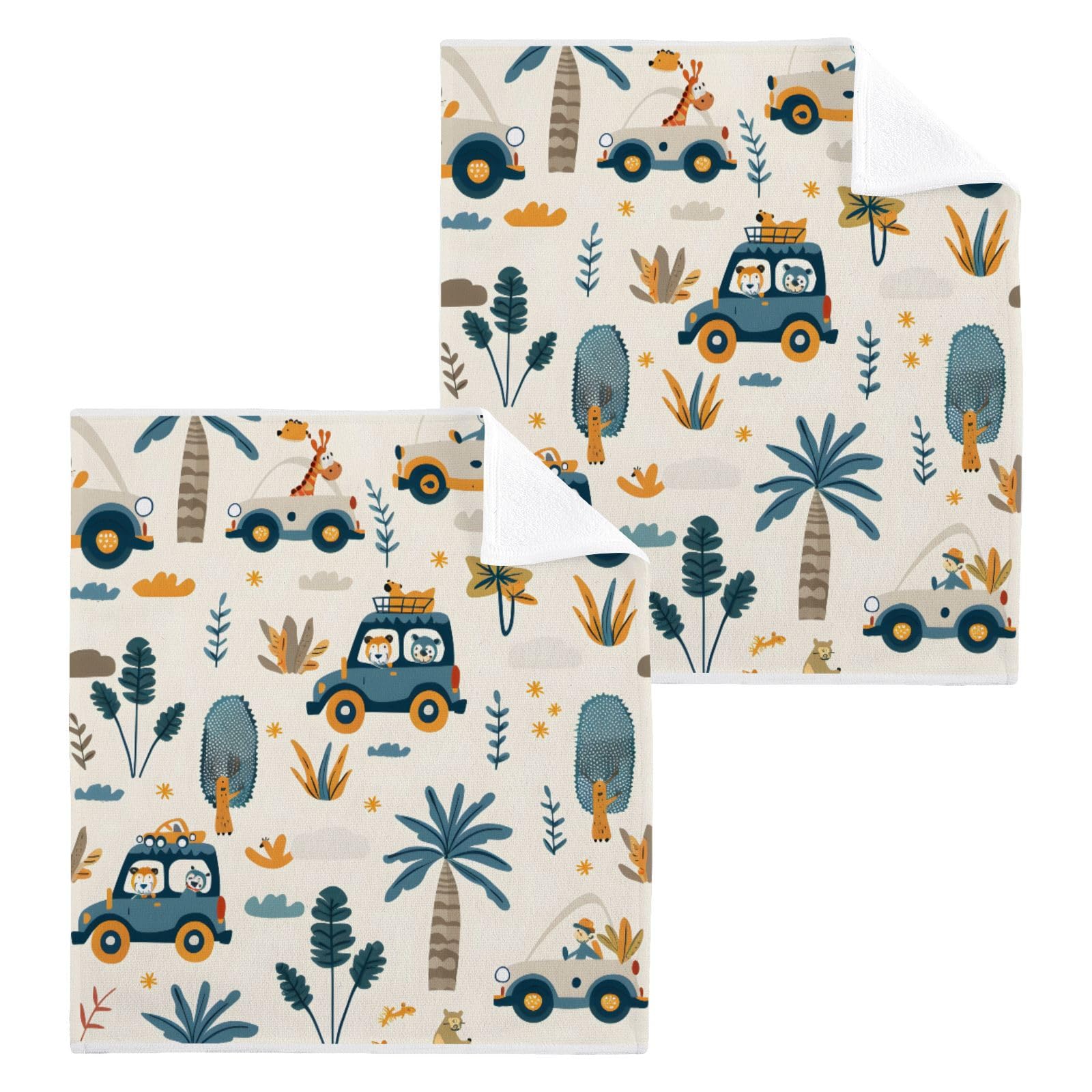 Cotton Wash Cloths Set Face Cloths Washcloth Small 4 Pack Animal and Car Absorbent Soft Fingertip Towels 12 x 12 Inches