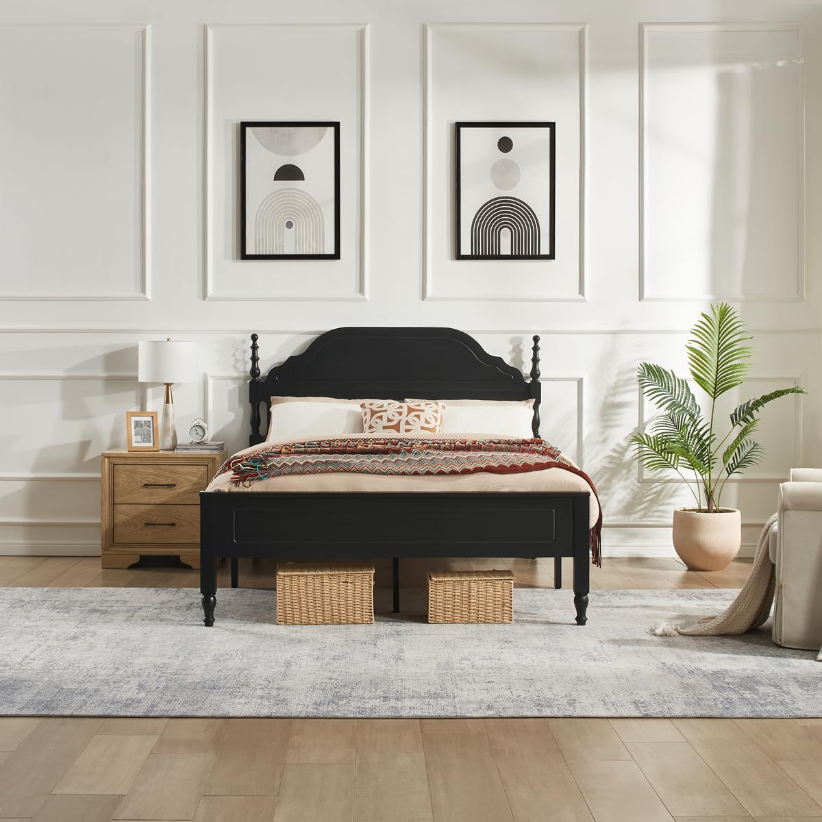 Wood Queen Size Bed Frame with Wooden Headboard, Heavy Duty Solid Wood Slats Support, Rubber Wood Platform Bed Frame with Large Under Bed Storage, No Box Spring Needed, Rustic Black (Queen)