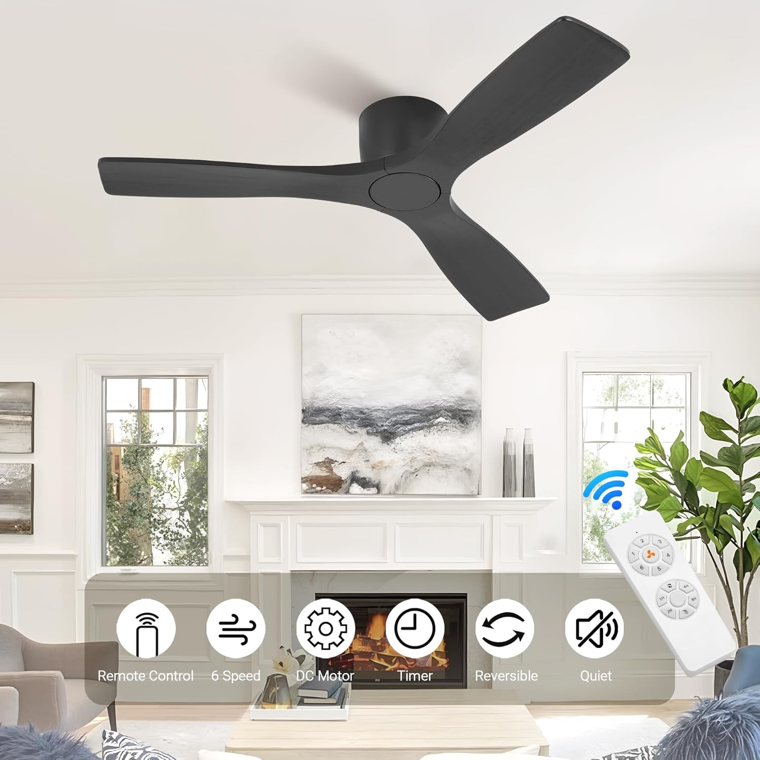 LEDLUX 48 Inch Ceiling Fan without Light, Flush Mount Low Profile Fan with 3 Solid Wood Blades, Quiet Reversible DC Motor, 6 Speed Remote Control, for Indoor Outdoor Bedroom Patio Black