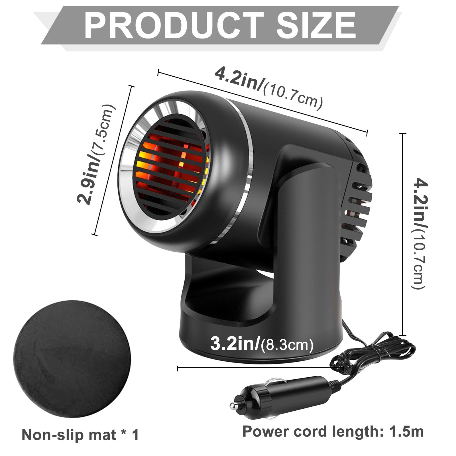 Funmo 120W Auto Lüfter Heizung, 12V Heizlüfter,2 in 1 Tragbar Auto Heizung, Demister mit Gleitschutzmatte, Defroster Tragbare für Auto, Schnelle Erwärmung
