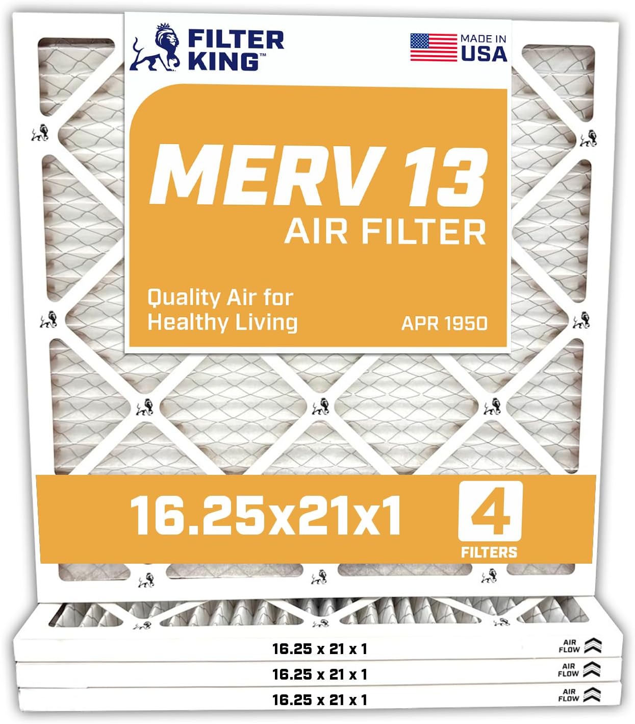 Filter King 16.25x21x1 Air Filter | 4-PACK | MERV 13 HVAC Pleated A/C Furnace Filters | MADE IN USA | Actual Size: 16.25 x 21 x .75"