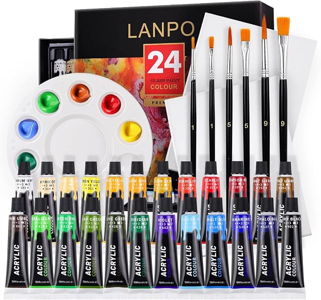 CHUMIRRY KIDS 24 Colors Glass Paint with 6 Brushes and 1 Palette, Waterproof Acrylic Enamel Painting Kit, Glass Color Paint for Wine Bottle, Light Bulbs and Ceramic