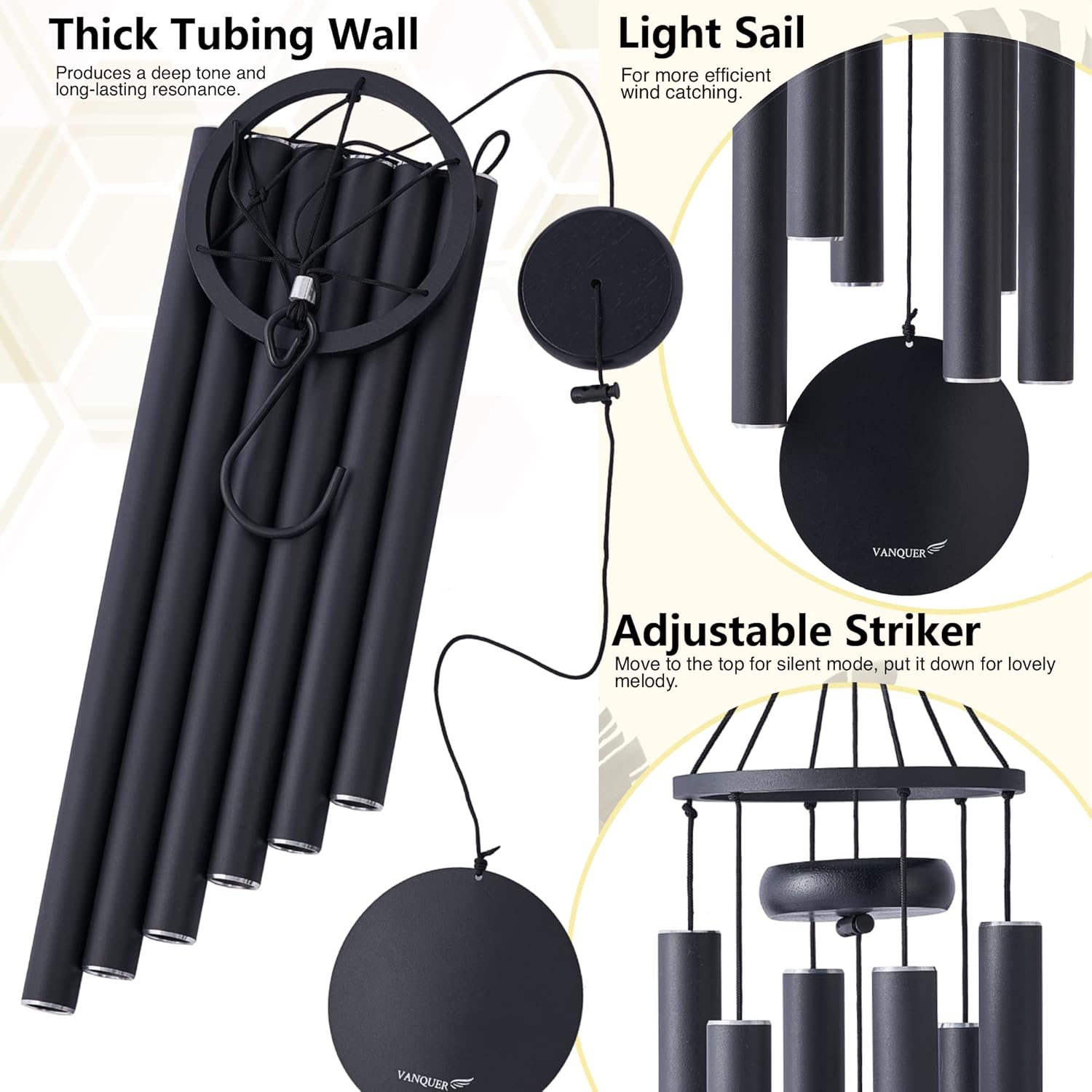 Vanquer Wind Chimes for Outside Deep Tone - 38'' Wind Chimes Outdoor Clearance, Deep Tone, Windchimes Outdoors, Memorial, Sympathy Gift, Garden Patio, Home Décor (Black)