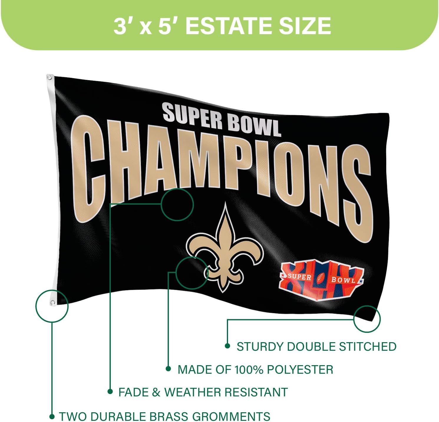 Team Sports America NFL New Orleans Saints Multi-Win Superbowl Champions 3x5 Flag for Outside with Grommets | Outdoor & Indoor | Heavy Duty Flag & Banner | Works with Flag Pole for Outside House