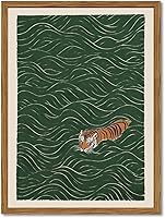 Framed Japanese Tiger Swimming Wall Art - Vintage Funny Canvas Print 12x16 Inch Eclectic Decor for Living Room Bedroom Bathroom
