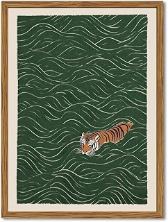 Framed Japanese Tiger Swimming Wall Art - Vintage Funny Canvas Print 12x16 Inch Eclectic Decor for Living Room Bedroom Bathroom