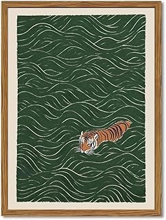 Framed Japanese Tiger Wall Art, Vintage Tiger Swimming Pictures Wall Decor, Funny Wild Animal Paintings Canvas Prints Eclectic Home Decor for Living Room Bedroom Bathroom 12x16 inch