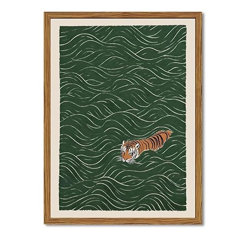 Framed Japanese Tiger Wall Art, Vintage Tiger Swimming Pictures Wall