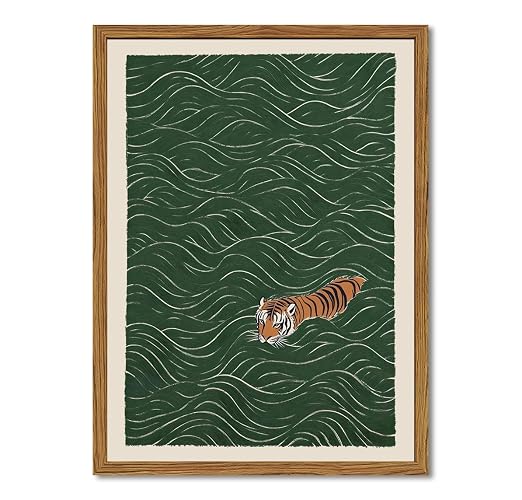 Framed Japanese Tiger Wall Art, Vintage Tiger Swimming Pictures Wall Decor, Funny Wild Animal Paintings Canvas Prints Eclectic Home Decor for Living Room Bedroom Bathroom 12x16 inch