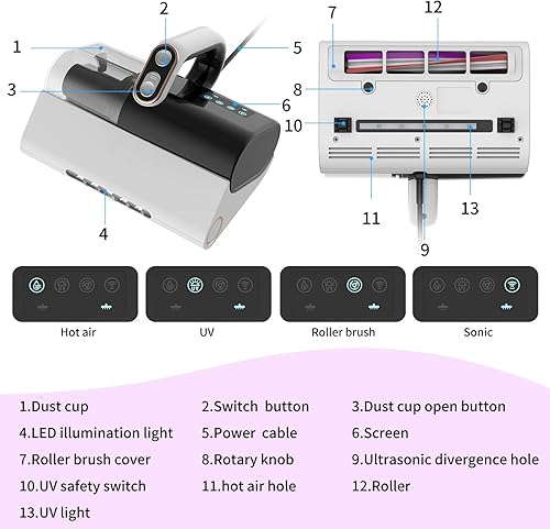 Miniatura 3 de Aspiradora de colchón, aspiradora de cama de 12 kpa con doble taza de polvo, aspiradora de sofá profundo con iluminación y cepillo rodante,