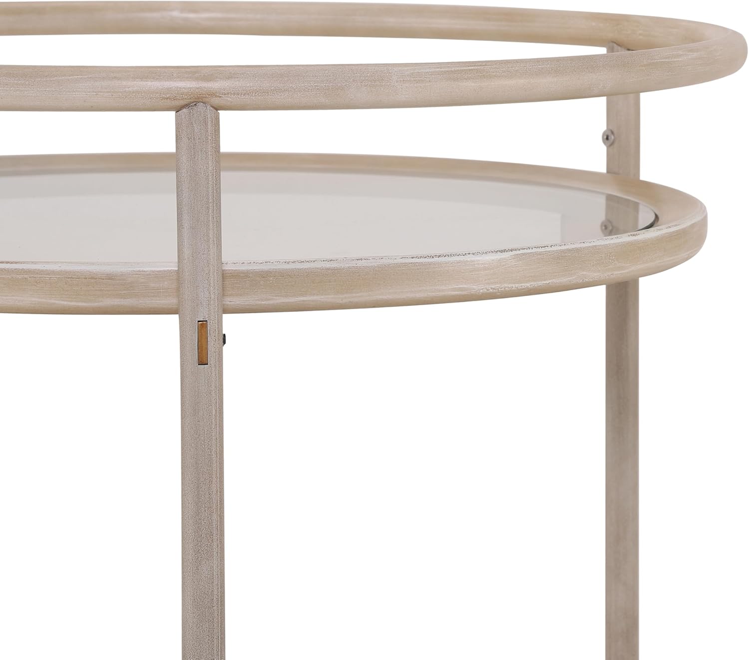 GDFStudio Round Bar Cart with Dual Tempered Glass Shelves, Gold Metal Accents and Lockable Wheels, Distressed White Finish Modern Beverage Trolley for Living Room, Dining Room or Kitchen
