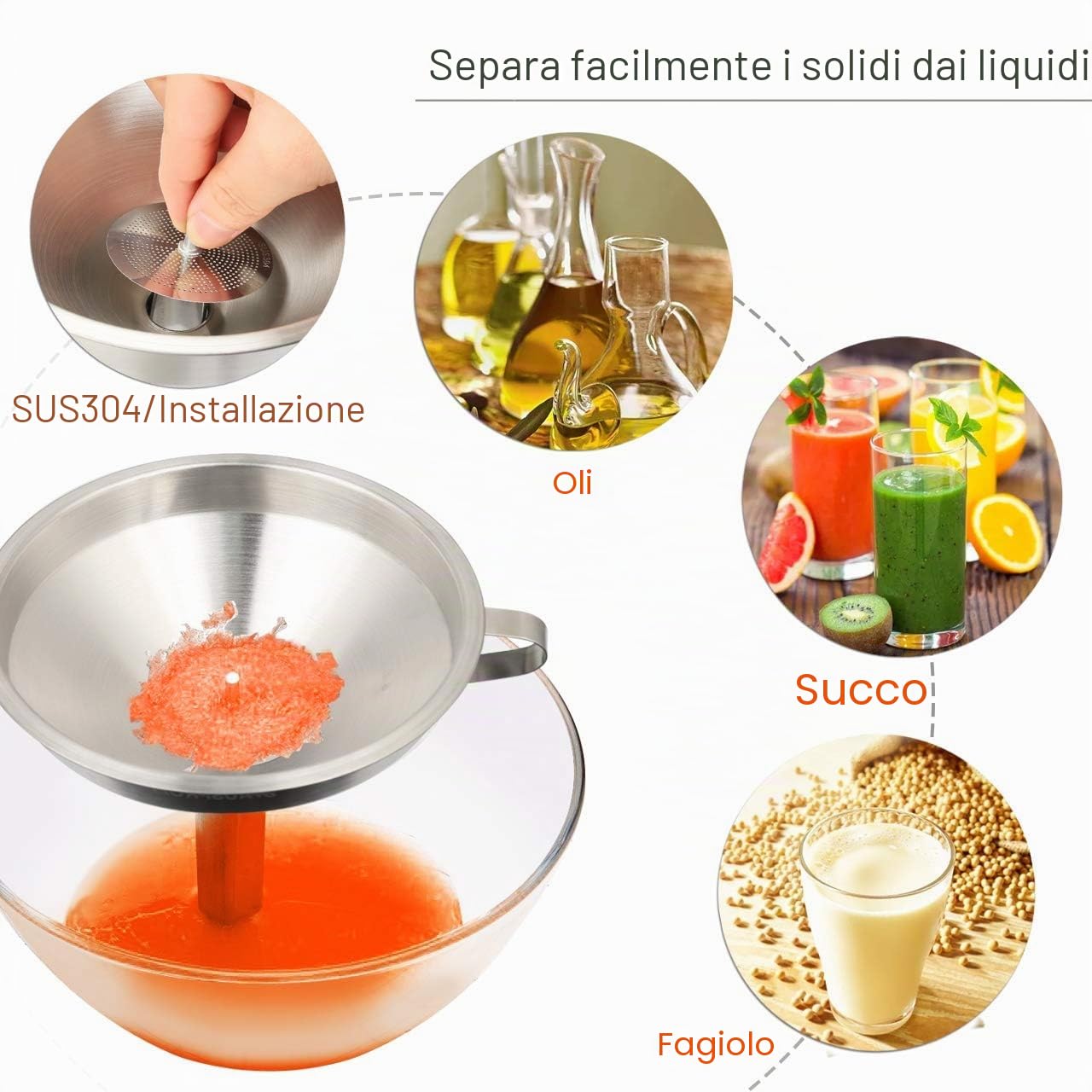 HAUSPROFI Set di 3 Imbuti in Acciaio Inox e 2 Spazzolini per Pulire - Imbuto in Acciaio Inox 11/13/15 cm per la Trasmissione di Ingredienti Liquidi/Secchi e Polvere
