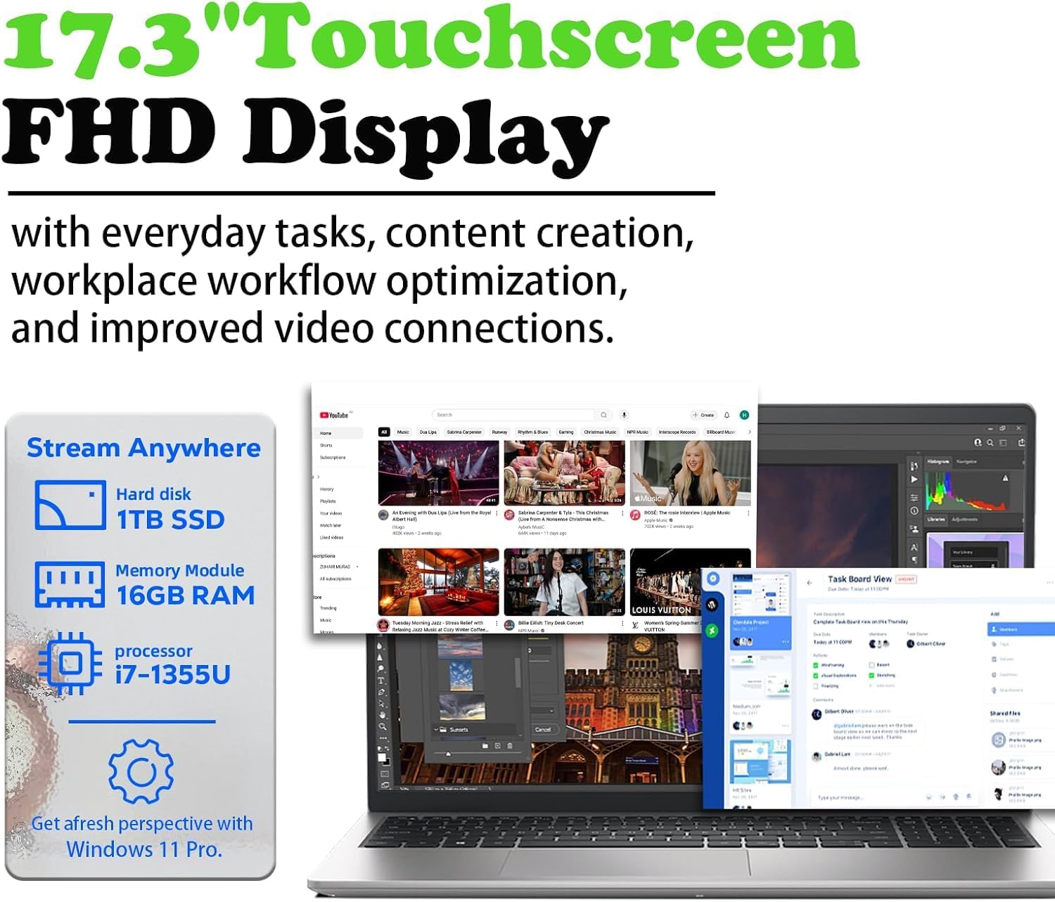 HP Premium Touchscreen Business Laptop - 17.3" FHD+, 13th Gen Intel Core i7-1355U, 64GB RAM, 1TB PCIe SSD, Webcam, Fingerprint Reader, Wi-Fi 6, Win11 Pro & Office
