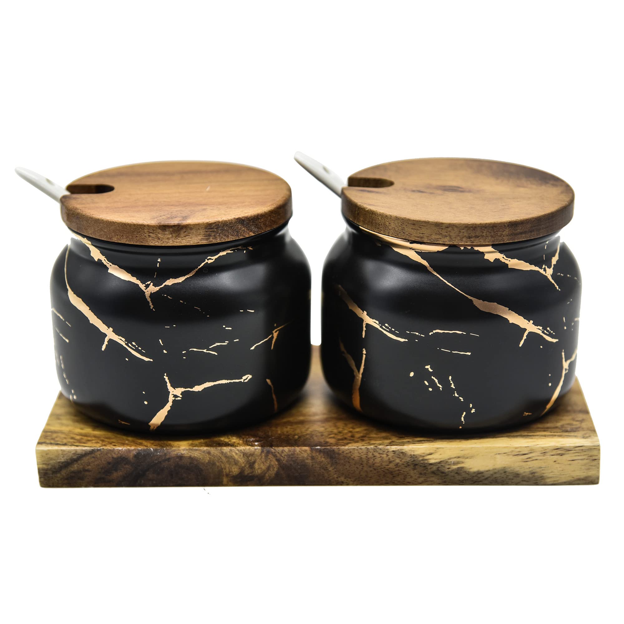 GYATSOCYG 2 set Round Ceramic Condiment Jar for Home?Ceramic Sugar Bowls with Bamboo Lids and Spoons?Marble Kitchen Condiment Containers Porcelain Spice Pots with Wooden Tray Black