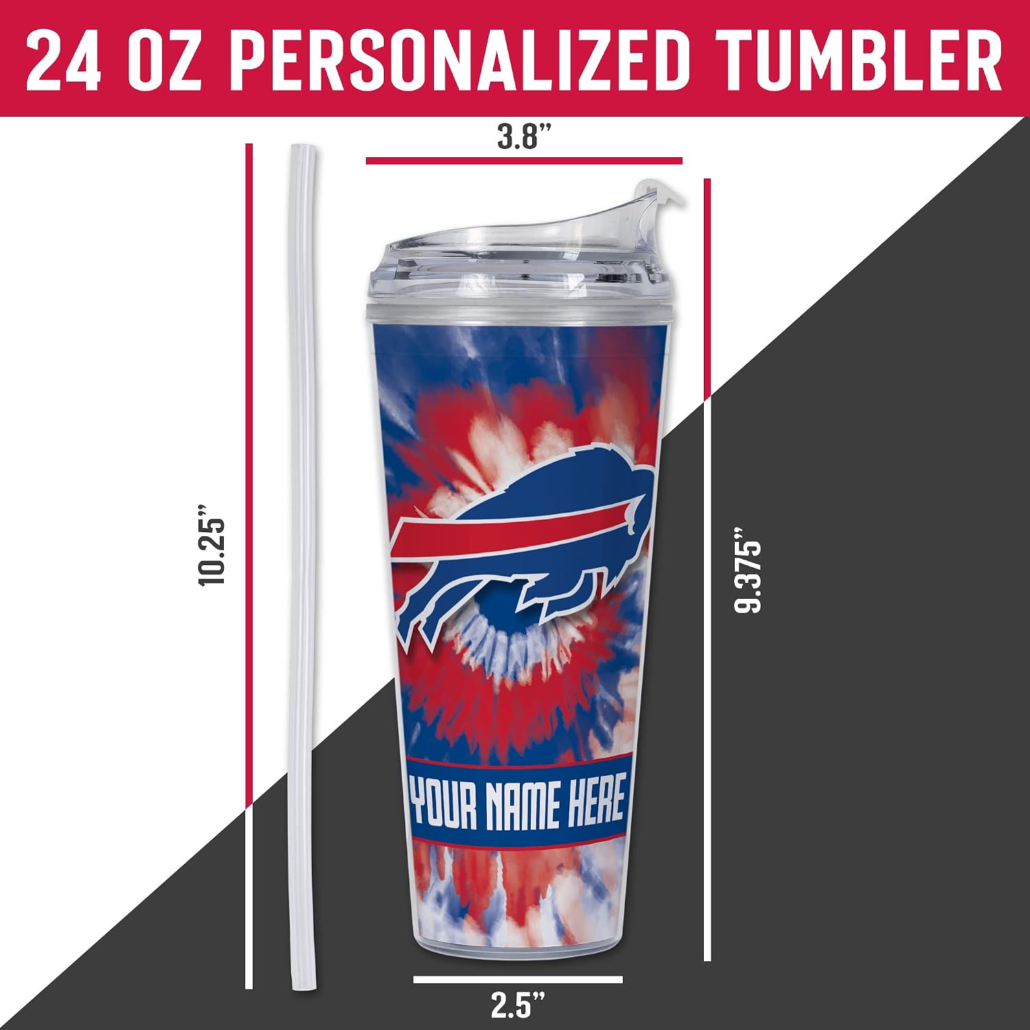 Rico Industries NFL Football Buffalo Bills Metallic Tie Dye Personalized 24oz Acrylic Tumbler W/Hinged Lid - Team Colored Metallic Art Plastic Travel Tumbler - Keeps Drinks Cold or Hot