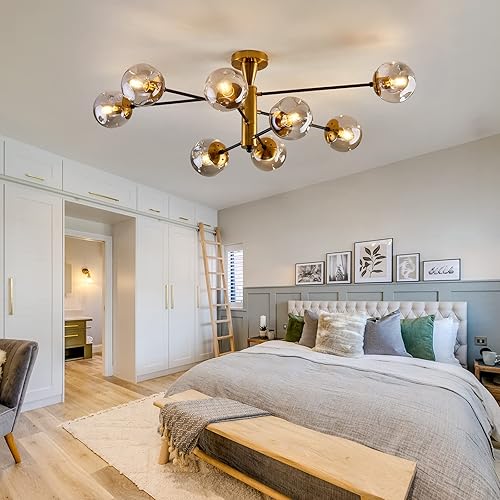 Miniatura 9 de FGSADI Sputnik - Lámpara de techo semiempotrada de 8 luces candelabro moderno de mediados de siglo con globo de cristal iluminación de techo negro y