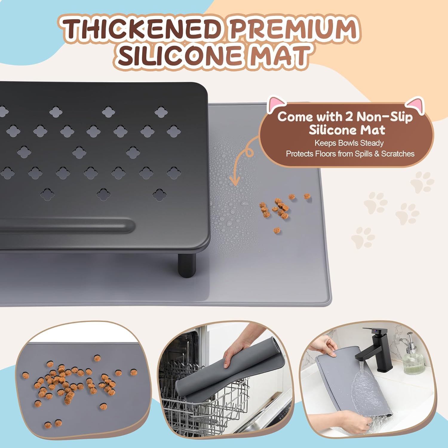 Dreyoo‌ 2-Pack Adjustable Cat Feeder Stand with Anti-Slip Mats, 3-Level Height, Fits Most Automatic Feeders & Bowls, Protects Floors from Spills for Cats and Dogs(Black)