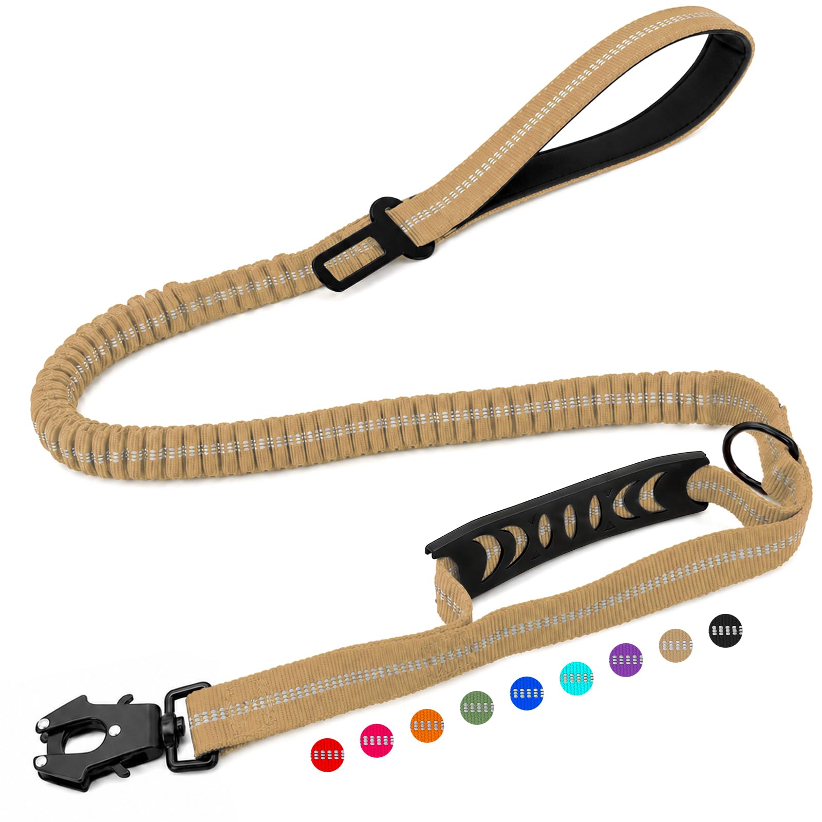 Olcyren Tactical Dog Lead, 3.77-5.74 FT Shock Absorber Bungee Dog Lead with Comfortable Padded Handles, Reflective Strong Anti Pull Leash with Car Seat Belt Buckle for Medium Large Dogs Walking, Khaki