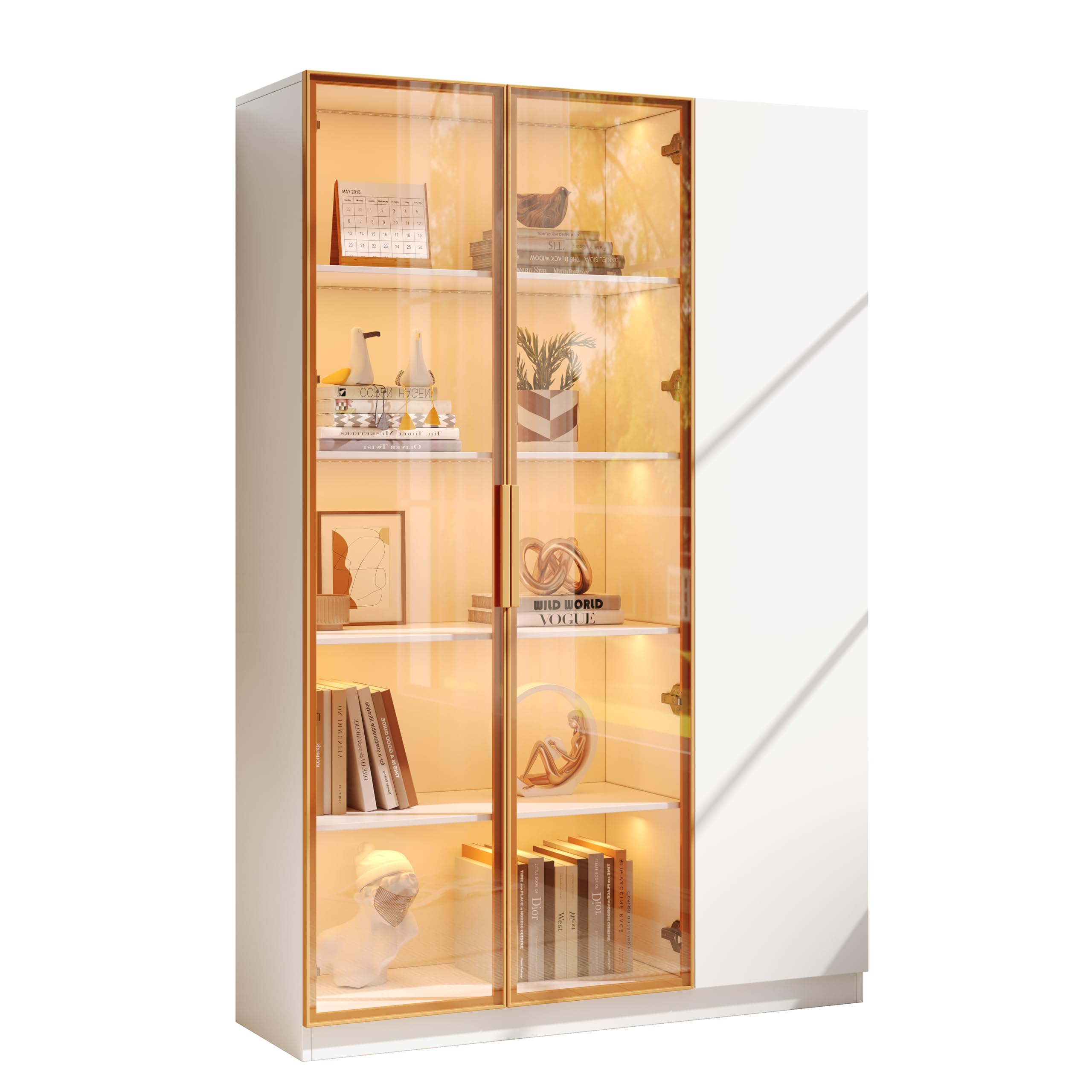 Vitrina de cristal de 165 cm, armario alto, 3 puertas con iluminación LED, multicolor, ajustable, con cristal de seguridad, estantes ajustables y protección antivuelco
