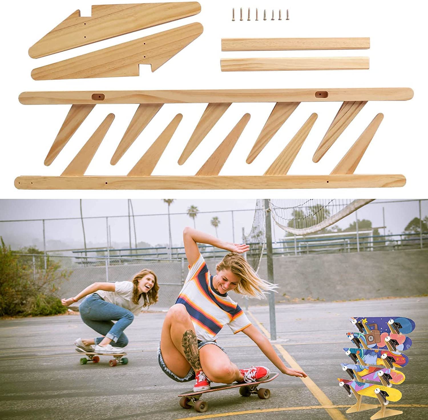 bimiti Skateboard Ständer Boden 5-Layer Skateboard Halter aus Holz Skateboard Aufbewahrung Rack Surfbrett Display Halter für Snowboard Longboard Surfboard Penny Board
