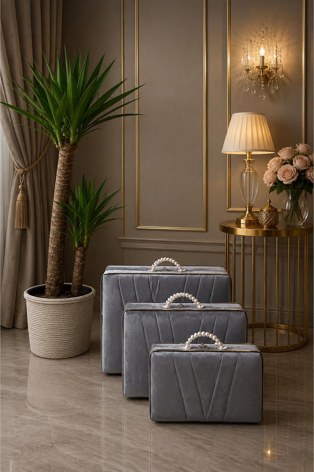3 Piece Wedding Chest Set Bride Groom Dowry Storage Bags Velvet Gray - Gray