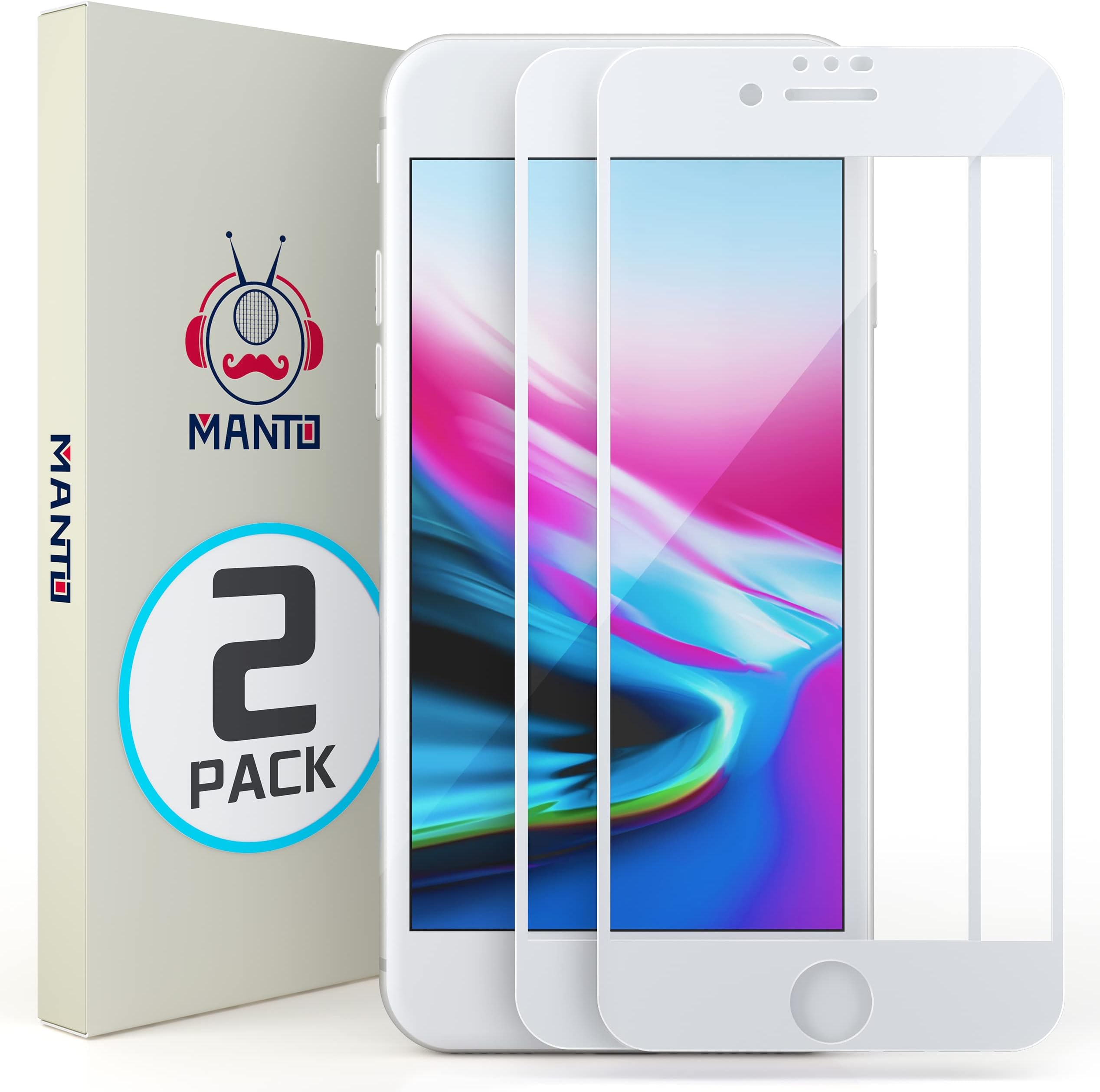 MANTO 2 Pack Screen Protector for iPhone SE 3 (2022), SE 2 (2020), 8, 7, 6s, 6, Full Coverage Tempered Glass Film Edge to Edge Protection 4.7 Inch, White