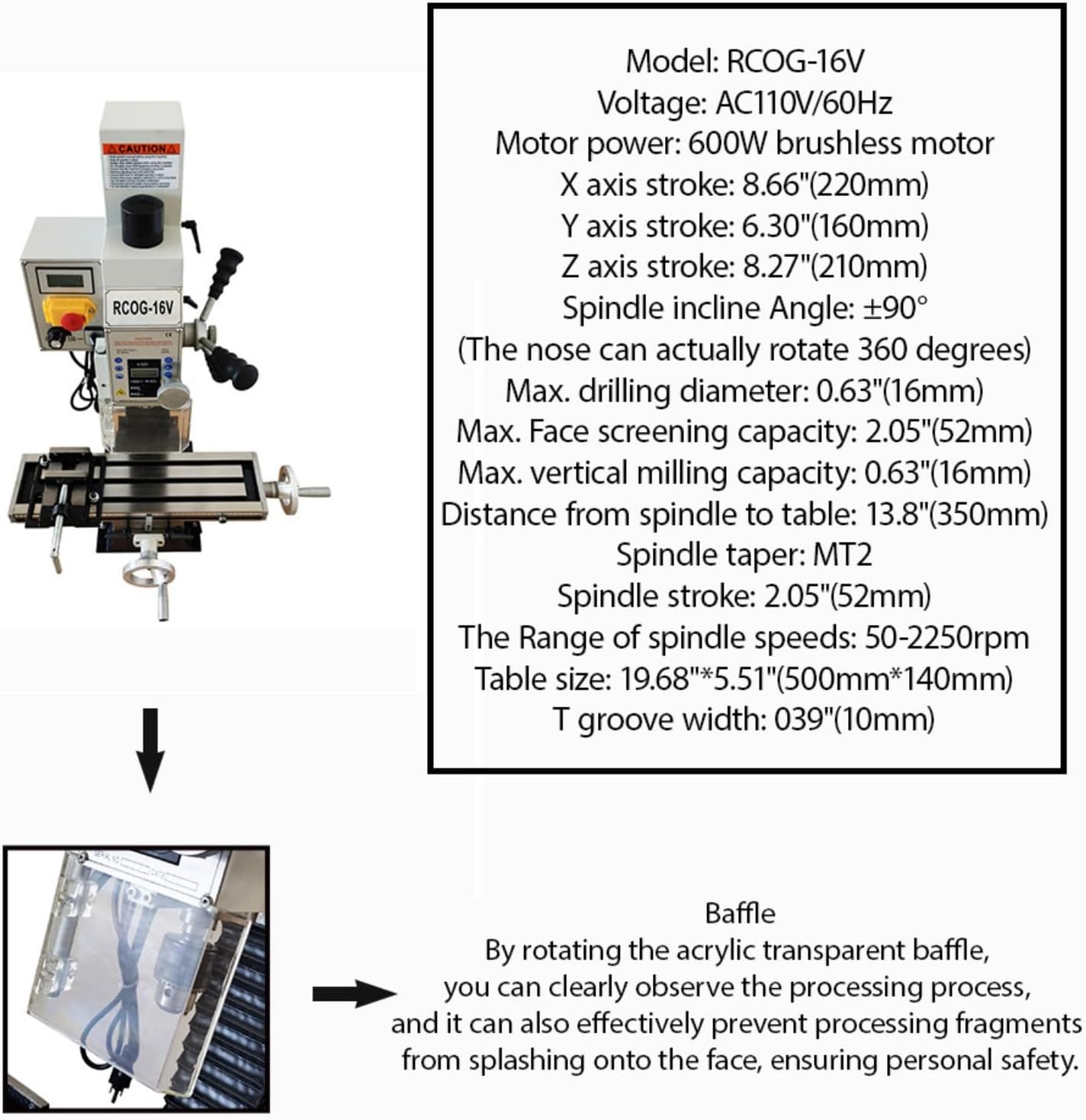 BEILOCKERY RCOG-16V specifications summary and transparent baffle.