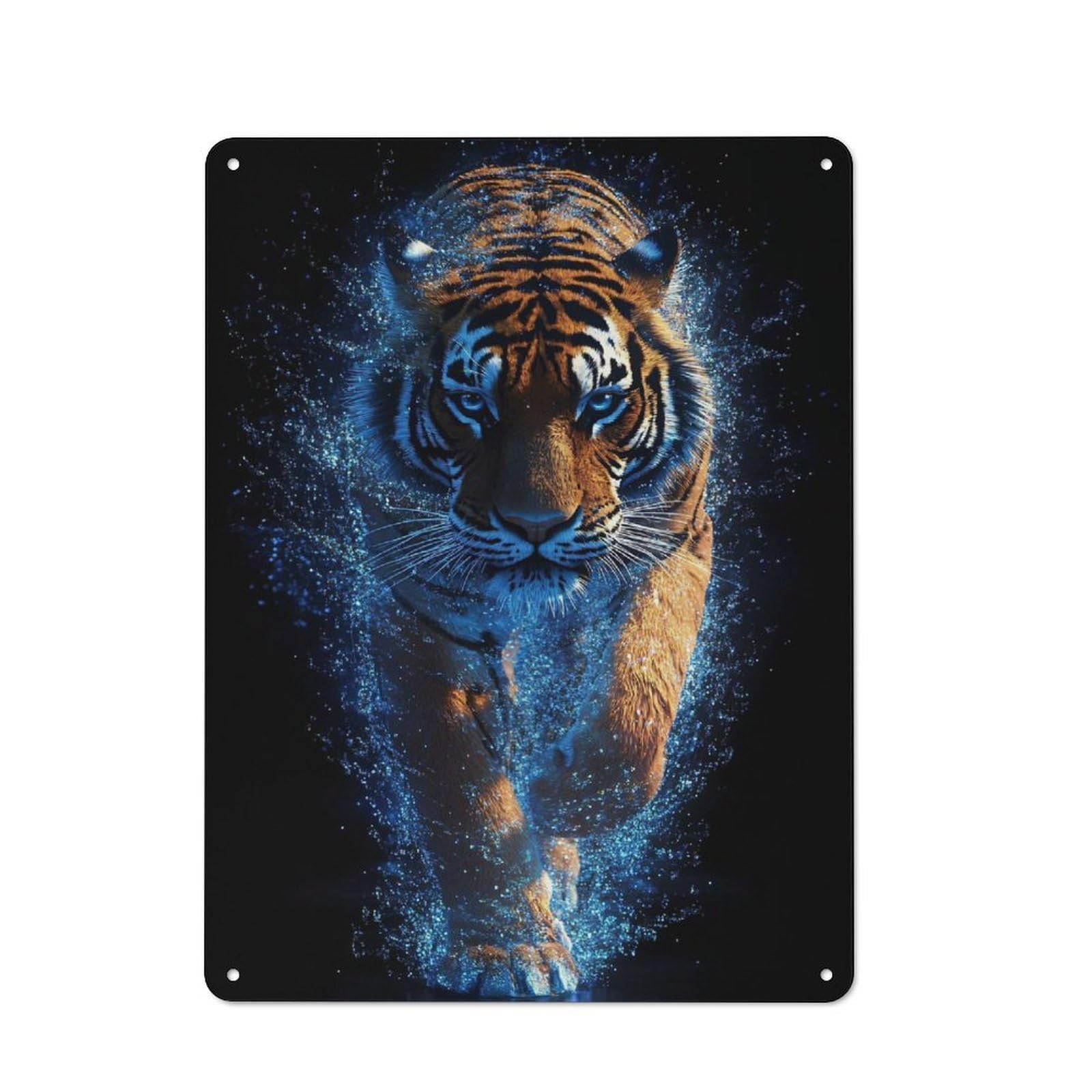 Junmoney Style-15 Country Style Tiger With Blue Sparkle Effect Decorative Metal Sign 40X30cm, Bistro Wall Plaque For Restaurant, Kitchen, Counter Or Breakfast Nook